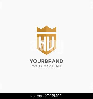 Monogramm-HU-Logo mit geometrischem Schild und Krone, luxuriöse, elegante Vektorgrafik im Initial-Logo-Design Stock Vektor