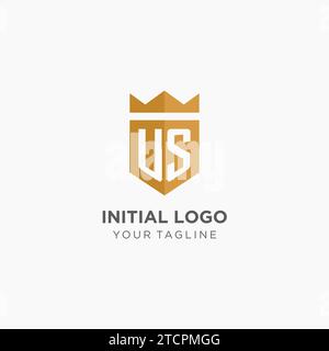 US-Monogramm mit geometrischem Schild und Krone, luxuriöse elegante Vektorgrafik im Initial-Logo-Design Stock Vektor