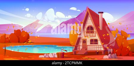 Hölzernes Ferienhaus in der Nähe des herbstlichen Bergsees. Vektor-Karikaturillustration des gemütlichen Hauses mit Veranda und Treppe, gelbes Laub auf Bäumen und Büschen, goldene Blätter auf Wasseroberfläche, schöne natürliche Landschaft Stock Vektor