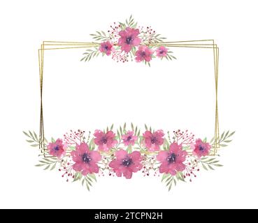 Rechteckiger Rahmen mit Blumenmuster in Aquarellfarben mit Kompositionen aus rosa Blumen und Grün, Rahmen mit goldener Textur. Handgezeichnete Illustration des Botanischen Stockfoto