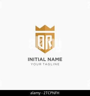 Monogramm ODER Logo mit geometrischem Schild und Krone, luxuriöse, elegante Vektorgrafik im ersten Logodesign Stock Vektor