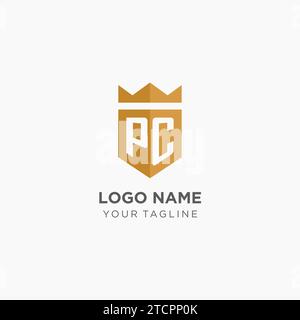 Monogramm-PC-Logo mit geometrischem Schild und Krone, luxuriöse, elegante Vektorgrafik im Initial-Logo-Design Stock Vektor