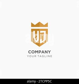 VJ-Monogramm-Logo mit geometrischem Schild und Krone, luxuriöse, elegante Vektorgrafik im Initiallogo-Design Stock Vektor