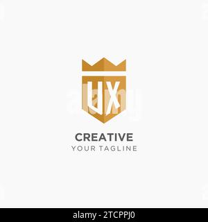 Monogramm UX-Logo mit geometrischem Schild und Krone, luxuriöse elegante Vektorgrafik im Initial-Logo-Design Stock Vektor