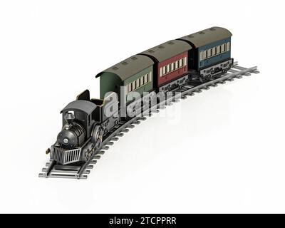 Spielzeugzug isoliert auf weißem Hintergrund. 3D-Abbildung. Stockfoto