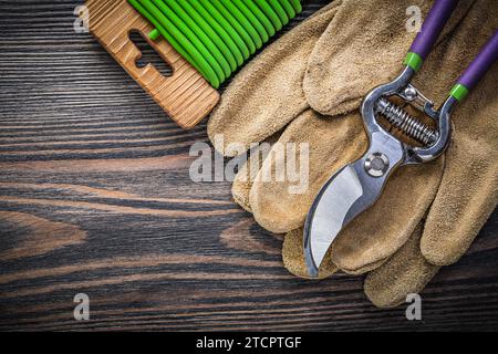 Zusammensetzung von Baumschere Ledersicherheitshandschuhen weicher Drahtbinder auf Holzbrett Gartenkonzept Stockfoto