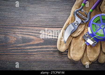 Gartenschere Leder Schutzhandschuhe weicher Drahtbinder auf Holzbrett Gartenkonzept Stockfoto