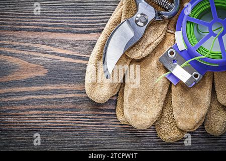 Gartenschere Sicherheitshandschuhe weicher Drahtbinder auf Holzbrett Gartenkonzept Stockfoto