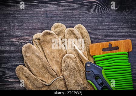 Gartenschere Draht-Sicherheitshandschuhe aus Leder auf Vintage-Holzbrett direkt über dem Gartenkonzept Stockfoto