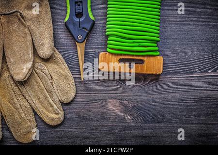 Gartenschere weiche Sicherheitshandschuhe mit Kabelbinder auf Vintage-Holzbrett-Gartenkonzept Stockfoto