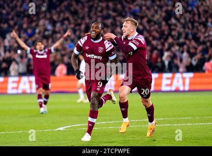 Aktenfoto vom 20.04.2023 von Michail Antonio, der gegen Gent einen Treffer feiert. Michail Antonio erzielte zwei Treffer und Declan Rice erzielte ein hervorragendes Solo-Tor, als West Ham nach einem rasanten 4-1 Sieg über Gent in der Nacht und 5-2 im Gesamtspiel ins Halbfinale der Europa Conference League einmarschierte. Ausgabedatum: Donnerstag, 14. November 2023. Stockfoto