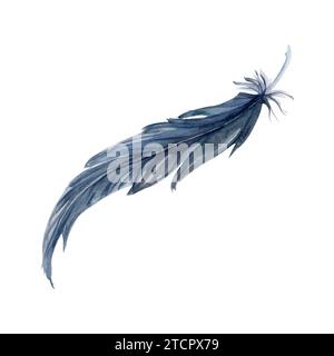 Hand gezeichnet Aquarell Vogelfeder Feder Feder Feder Boho Stamm ethnische indianer blau schwarz. Einzelnes Objekt auf weißem Hintergrund isoliert. Design-Amulett mit Charme Stockfoto