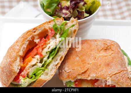 Italienisches Ciabatta Panini-Sandwich mit Huhn und Tomaten Stockfoto