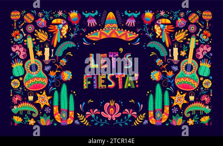 Lasst uns fiesta mexikanisches Banner der Feiertage in Mexiko. Vektormuster von hellen Farben Blumen, Sombrero, Gitarren und Maracas, Kakteen, Pinata, Kerzen und Tukanvögel, tropische Pflanzenblätter und Gecko-Eidechsen Stock Vektor