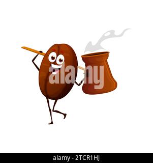 Cartoon Happy Coffee Bohne Charakter. Fast-Food-Restaurant oder Straßencafé isolierte Vektor-nette Persönlichkeit. Coffeeshop Heißgetränk, Kaffeebohne lustiges Maskottchen mit türkischem cezve Stock Vektor