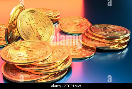 Kryptowährung Bitcoin goldene Münzen verschüttet auf dem Tisch. Hintergrund des Krypto-Investitionskonzepts Stockfoto