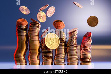 Kryptowährung Bitcoin goldene Münzen verschüttet auf dem Tisch. Hintergrund des Krypto-Investitionskonzepts Stockfoto