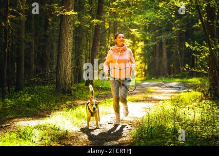 Junge Frau und Hund laufen zusammen im sonnigen Wald. Fröhliche Frau, die draußen mit ihrem Haustier trainiert. Konzept für aktive Personen Stockfoto