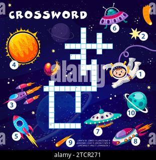 Kreuzworträtsel-Quiz. Cartoon-Astronaut, Sternengalaxie, schnelle UFO- und Raketenraumschiffe, Weltraumplaneten und Sterne. Vektor-Kreuzworträtsel-Raster-Arbeitsblatt mit dunklem Hintergrund im Querformat Stock Vektor