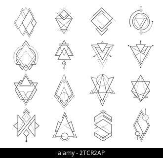 Geometrische Boho Tattoo lineare Symbole mit heiliger Geometrie Kunst und Vektormystischen Stammeszeichen. Geometrisches Boho-Tattoo mit Kreis- und Dreieckslinien, Alchemie-Magie und ethnischen esoterischen oder okkulten Symbolen Stock Vektor