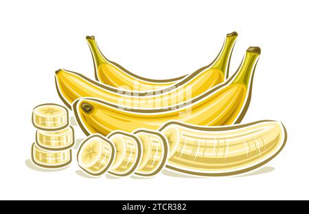 Vektor-Logo für Banane, dekoratives horizontales Poster mit Umrissillustration von 3 ganzen und geschnittenen Bananen Komposition, Zeichentrickdesign fruchtiger Druck Stock Vektor