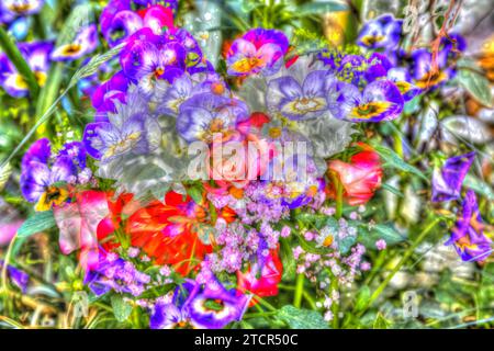 Ölmalerei-ähnliches Bild, verschiedene helle Blumen, Frühling, großblütige Feldstiefmütterchen, Bratsche (Pflanze) (Viola), rote, gelbe und lila Blumen kreativ Stockfoto