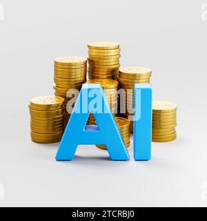 AI-Text vor Münzstapeln auf hellgrauem Hintergrund Stockfoto