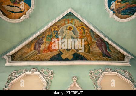 Wandgemälde an der Decke der Kirche St. aus dem 17. Jahrhundert Sergius von Radonesch im Kloster Vysokopetrowski (hohes Kloster St. Peter). Moskau, Russland. Stockfoto