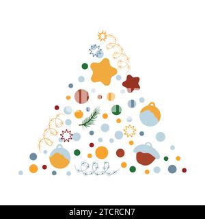 Eine Komposition in Form eines Neujahrsbaums aus Kugeln, Spielzeug und Elementen der Winterdekoration. Modernes Design für Weihnachtseinladungskarte, Poster, BA Stock Vektor