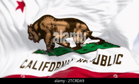 Nahaufnahme der kalifornischen Staatsflagge, die an einem klaren Tag im Wind winkt. Die kalifornische Flagge ist auch die Bear Flag. 3D-Darstellung. Geriffeltes Gewebe. Se Stockfoto