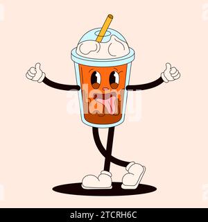 Grooviger Kaffeecharakter zeigt Daumen nach oben. Vintage-Maskottchen im Doodle-Stil. Vektorillustration isoliert auf einem pfirsichfarbenen Hintergrund. Stock Vektor