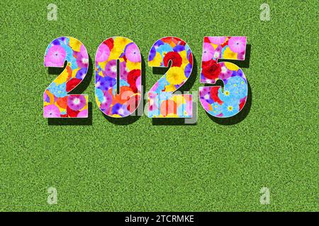 Kalenderjahr 2025 geschrieben mit bunten Blumen auf grünem Hintergrund, Grafik, Computermontage, Grafikdesign Stockfoto