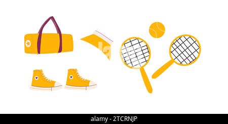 Tennisset Sportausrüstung mit Tasche und Kappe. Vektordarstellung isoliert. Tennisschläger, Ball, Sportschuhe, Tasche und Mädchenmütze. Gelbe Ausrüstung und Wetter für Tennis. Stock Vektor
