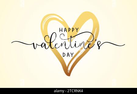 Happy Valentines Day Hand gezeichnete goldene Herz- und Pinselkalligraphie. Goldenes Herz mit Grußtext-Typografie. Niedliches Liebeszeichen für Vektor-Banner Stock Vektor