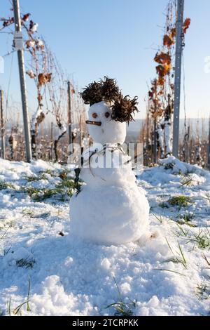 Kleiner Schneemann. Winter. Weihnachten. Weihnachtsfeiertage. Schneemann an einem schönen sonnigen Tag. Stockfoto