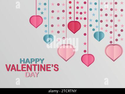 Valentinstag Hintergrund mit Herzen und Sternen. Kopfzeile oder Gutscheinschablone zum Happy Valentine's Day mit hängenden Herzen. Vektorabbildung. Stock Vektor