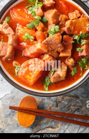 Babi Masak Tomat ist ein traditionelles indonesisches Gericht, das aus einer Kombination aus Schweinefleisch, Tomaten, Zwiebeln, Knoblauch, Zitronengras, und eine Gewürzpaste Nahaufnahme in t Stockfoto