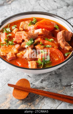 Chinesisches indonesisches Babi Tomat Schweinefleisch gedünstete Tomaten in einer Schüssel auf dem Tisch. Vertikal Stockfoto