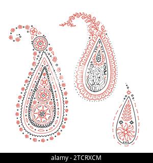 Set aus schwarzen und roten Paisley-Motiven isoliert auf weiß Stock Vektor