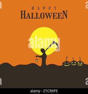 Frohe Halloween-Begrüßung mit grimmigen Sensenmann- und Kürbisillustrationen. Halloween Hintergrund für Grußkarten, Partyeinladungen oder Poster Stock Vektor