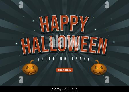 Halloween-Werbebanner mit Sonnenschein und lächelndem Kürbis im Vintage-Stil Stock Vektor