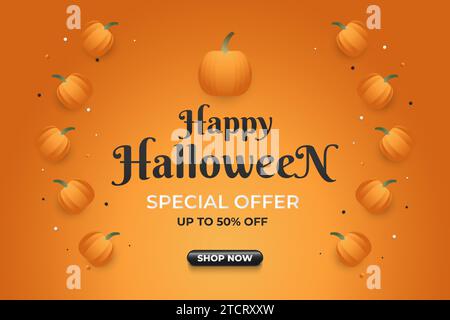 Halloween-Werbebanner mit Kürbis auf orangem Hintergrund. Online-Shopping-Banner Stock Vektor