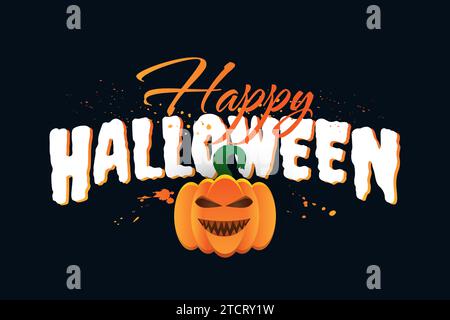 Happy Halloween Schriftzug mit Kürbis isoliert auf dunklem Hintergrund. Halloween Vektor Illustration für Banner, Poster, Grußkarte Stock Vektor