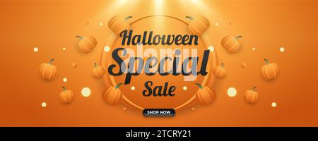 Halloween-Werbebanner mit verstreuten Kürbissen. Online-Shopping-Banner mit Halloween-Motiv Stock Vektor