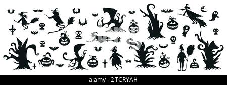 Set aus Halloween-Silhouette-Symbol und -Charakter. Halloween Vektor-Illustration isoliert auf weißem Hintergrund Stock Vektor