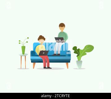 Konzept Für Menschen, Die Von Zu Hause Aus Arbeiten. Freiberuflicher Mitarbeiter arbeitet zu Hause. Design Mit Flachen Zeichen Stock Vektor