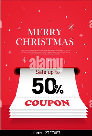 3D Merry christmas Coupon Werbebanner Vorlage mit Coupon aus dem Karton, roter Hintergrund. Sonderangebot, bis zu 50 Prozent. 3D-Gutschein-Konzept. Vektorabbildung. Vektorabbildung Stock Vektor