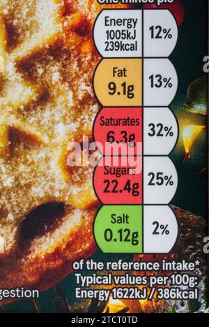 Nährwertangaben Ampelsystem Kennzeichnung farbcodiertes Etikett auf der Schachtel Tesco Finest Rich & Decadent 6 All Butterteig Hackkuchen Stockfoto