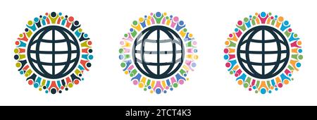 Setzen Sie Menschen um Globe. Unity Symbol, Teamwork-Konzept. Stock Vektor