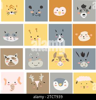 big set of simple animals portraits in hand drawn style. Forest and jungle wild animal characters and domestic animals. Vector illustration in Scandinavian trendy colors. Can used for nursery design.  Stock Vektor